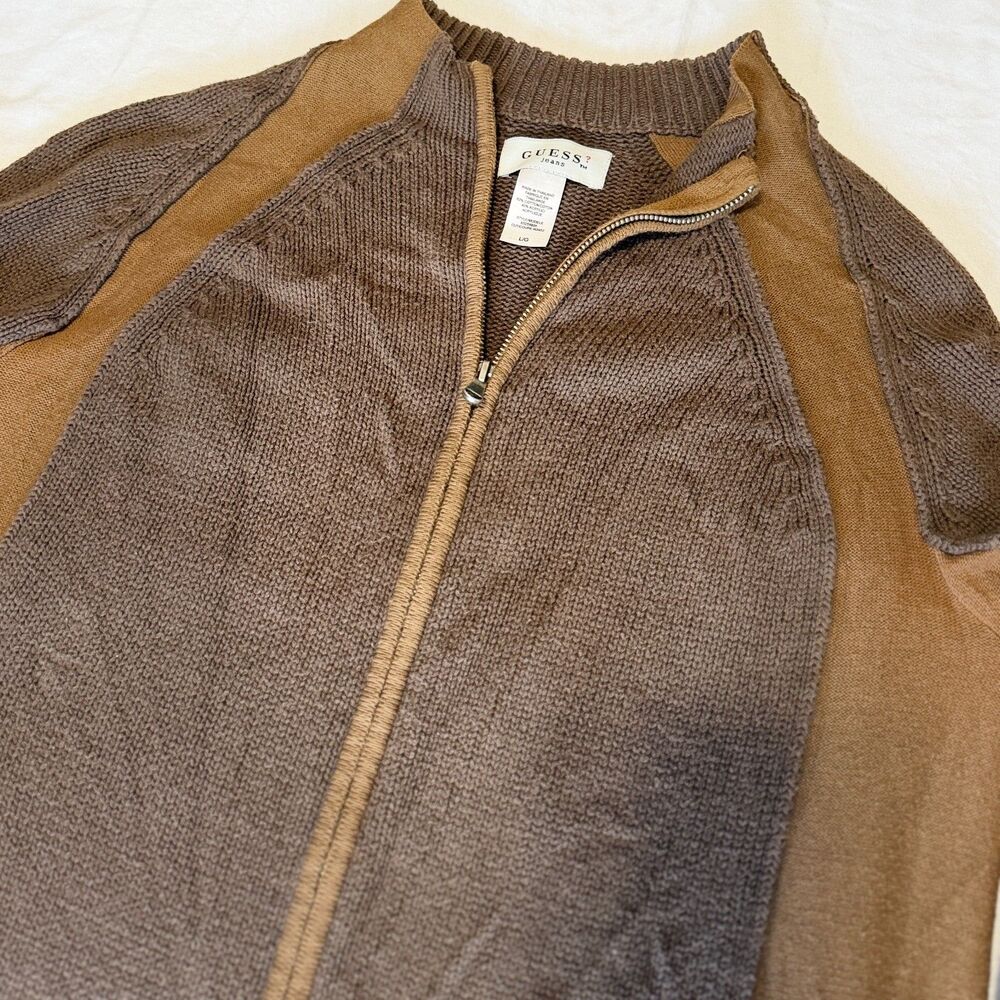 Guess Jeans Vintage Brown Full-Zip Mixed-Knit Sweater Men's Large Block Panel